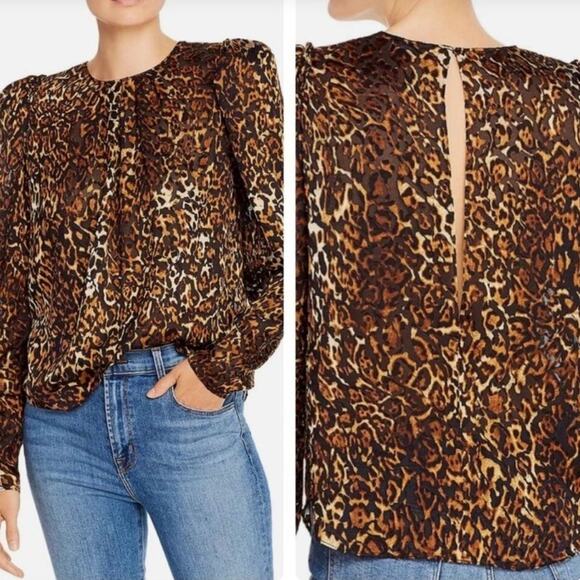 RONNY KOBO Chiara Leopard Burnout Puff Long Sleeve Top Small Black Tan Blouse - Picture 3 of 9